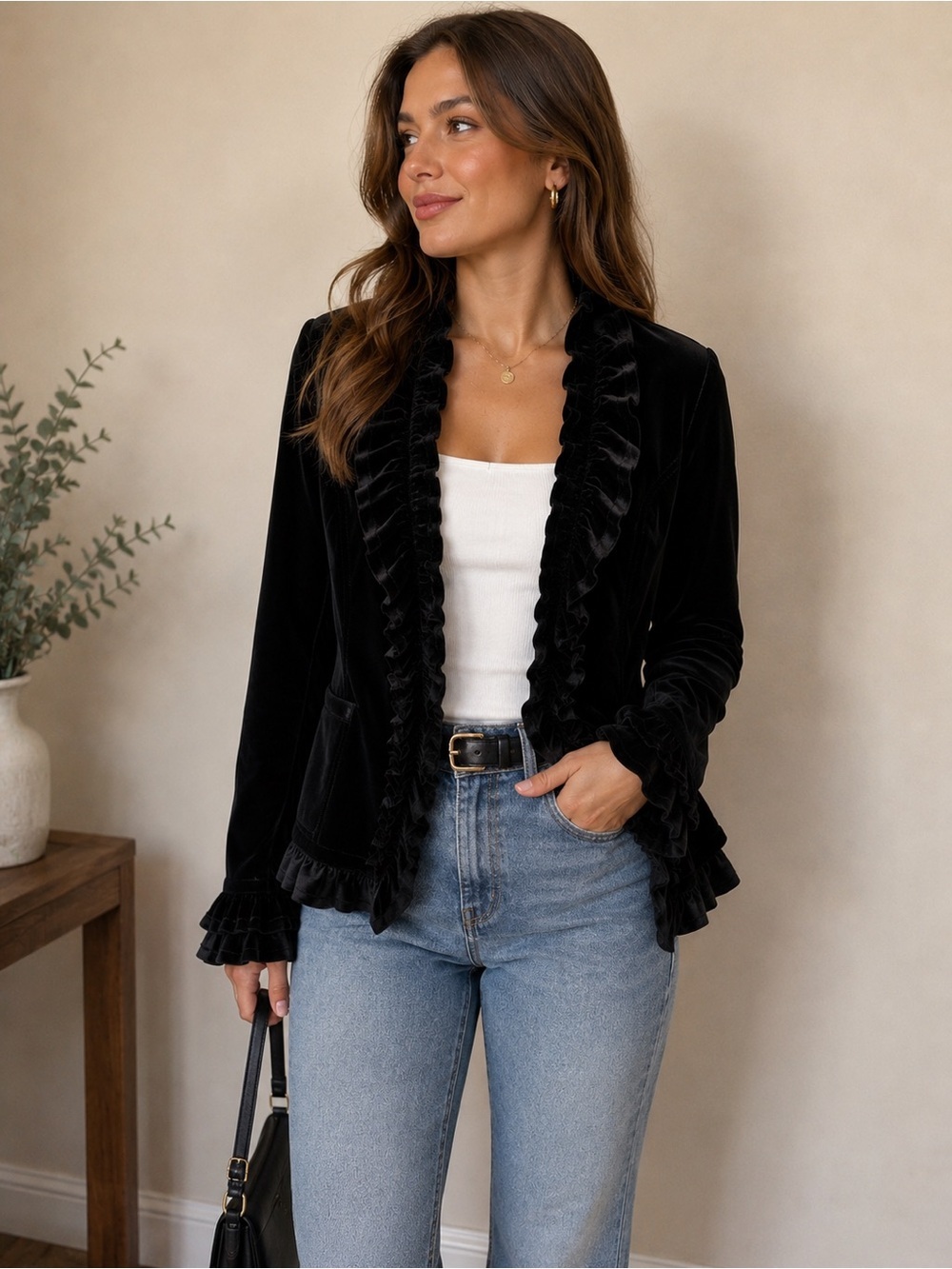 INC Black Velvet Ruffle Blazer Jacket Large Victorian Goth Romantic Large